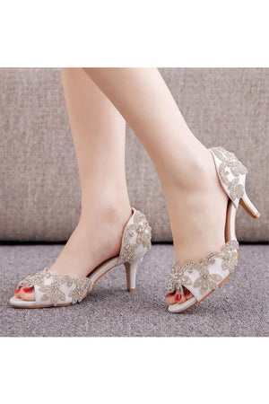 Peep Toe Satin Rhinestone Slip On High Heels - KissProm