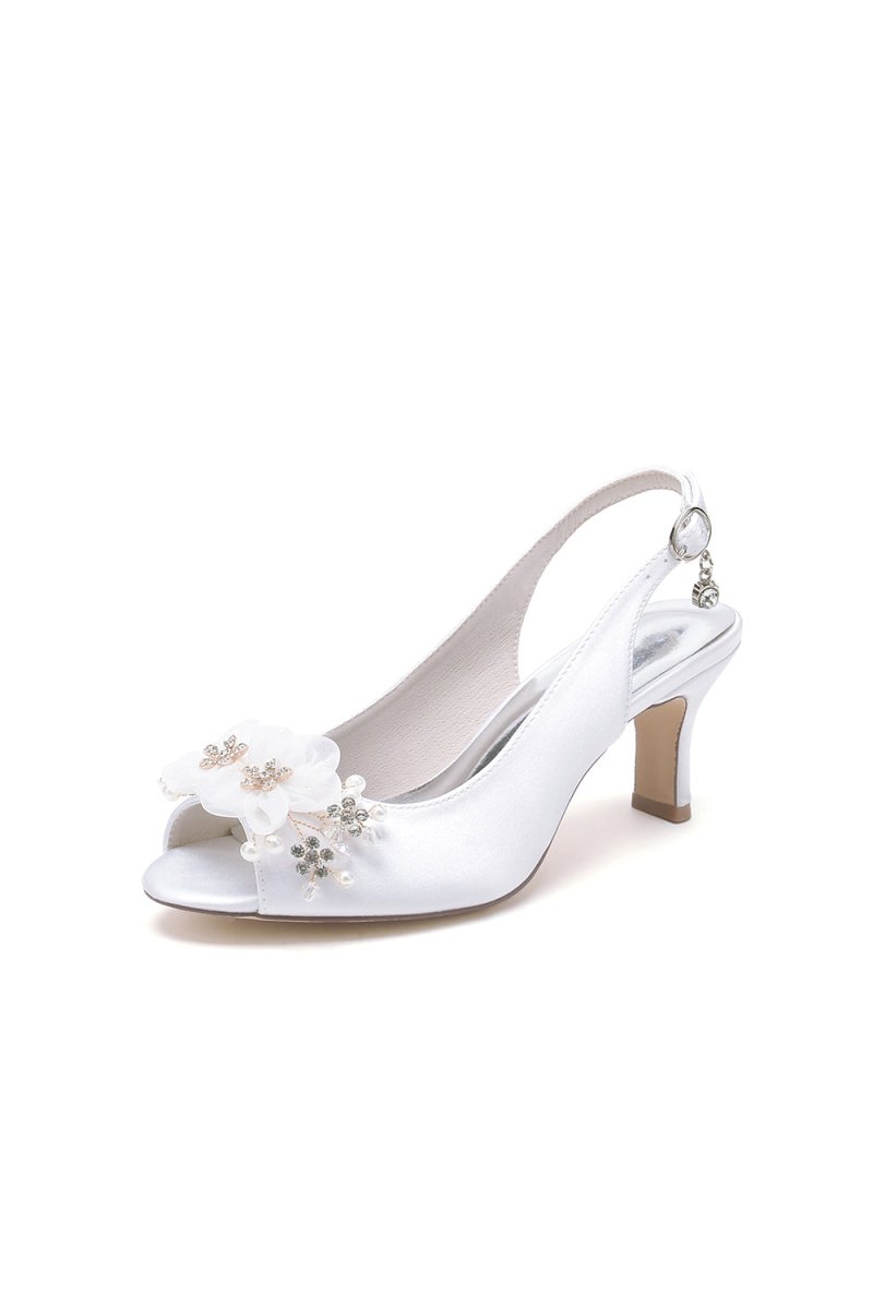 Peep Toe Slingback Beaded Chunky Wedding Shoes with Flowers