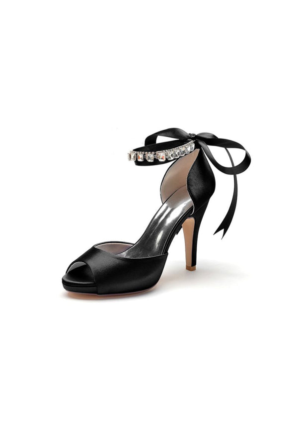 Peep Toe Stiletto Heels with Ankle Rhinestone Strap - KissProm