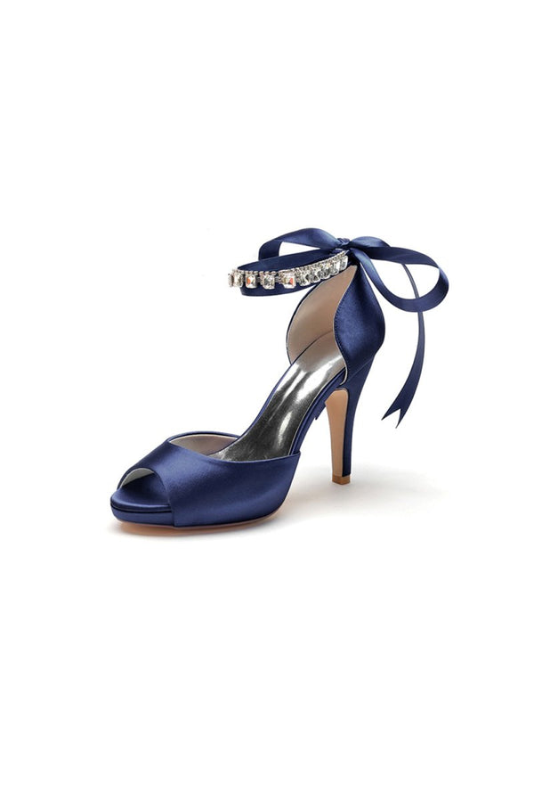 Peep Toe Stiletto Heels with Ankle Rhinestone Strap - KissProm