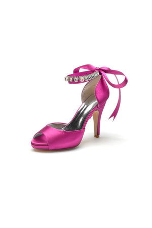 Peep Toe Stiletto Heels with Ankle Rhinestone Strap - KissProm