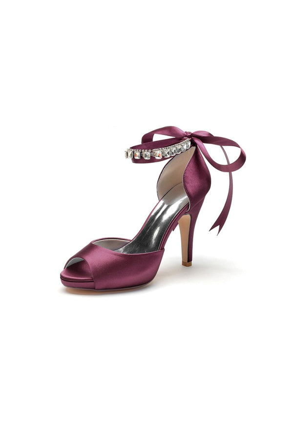 Peep Toe Stiletto Heels with Ankle Rhinestone Strap - KissProm