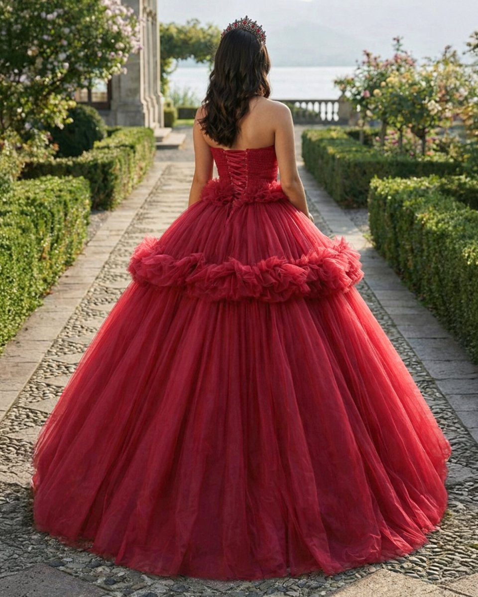 red dress with peplum Peplum Red Sleeveless Quinceañera Ball Gown Party Dress Burgundy / 00