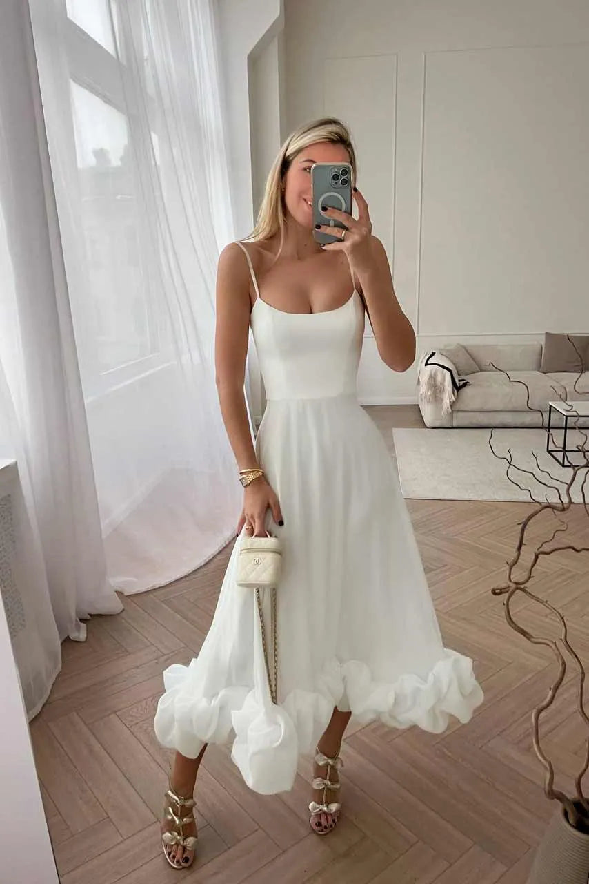 A Line Satin White Long Prom Dresses with Ruffles, White / 2 A Line Satin White Long Prom Dresses with Ruffles, White / 2
