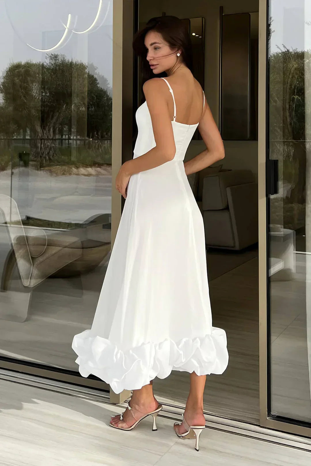 A Line Satin White Long Prom Dresses with Ruffles, White / 2