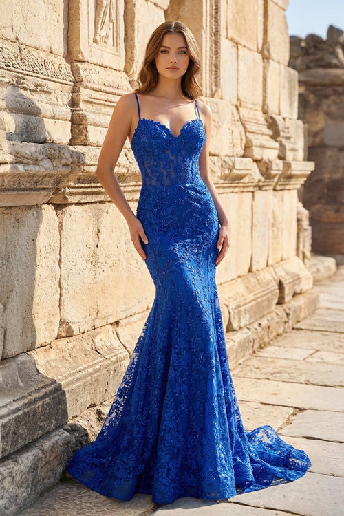 Hot Pink Lace Applique Long Mermaid Dress with Slit - KissProm