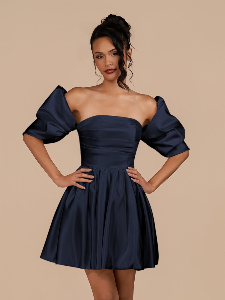 Perenna | Navy Blue - A Line Satin Square Neck Puffed Sleeves Short Homecoming Dresses