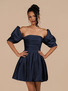 Perenna | Navy Blue - A Line Satin Square Neck Puffed Sleeves Short Homecoming Dresses