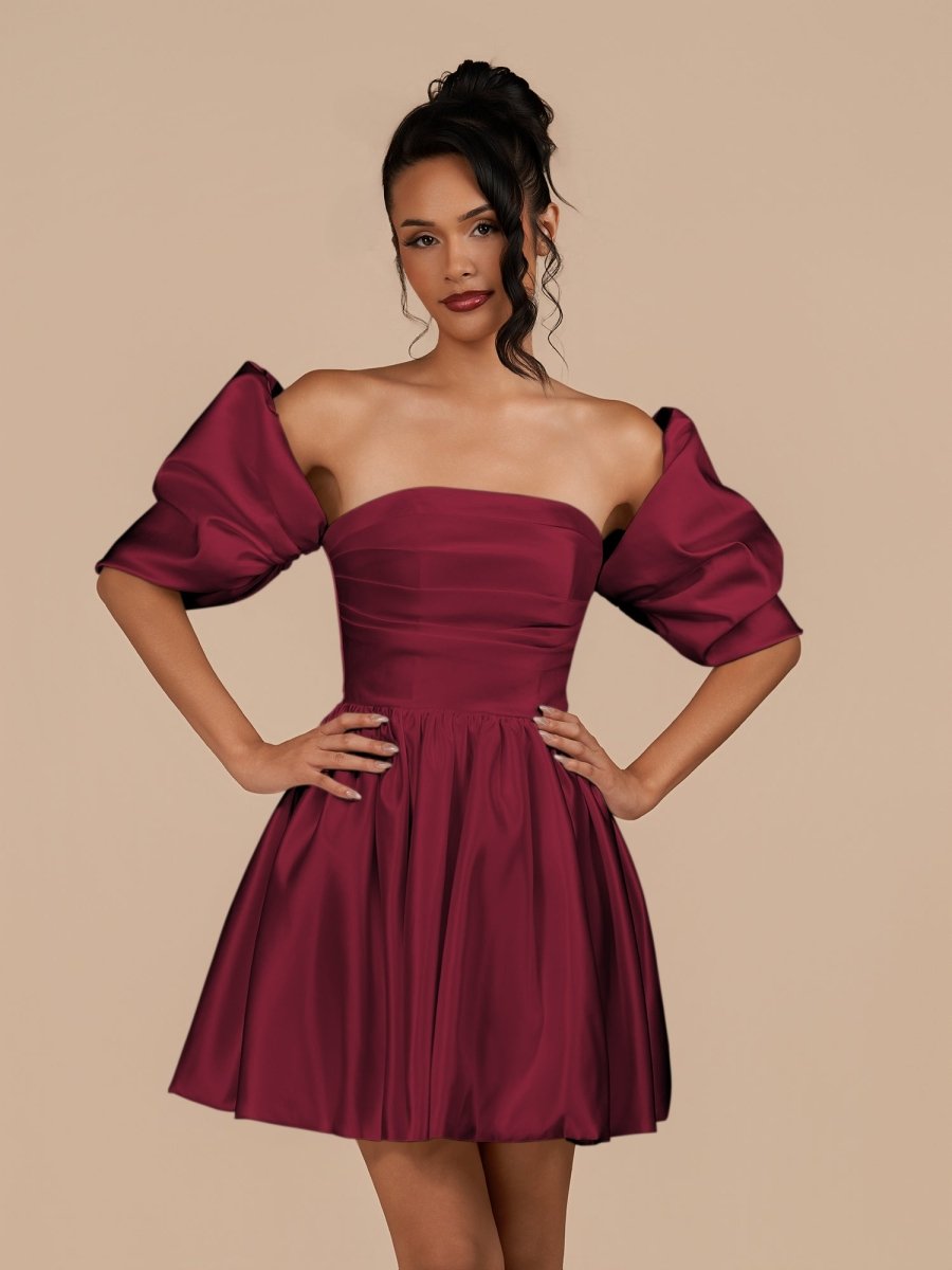Perenna | Burgundy - A Line Satin Square Neck Puffed Sleeves Short Homecoming Dresses - KissProm