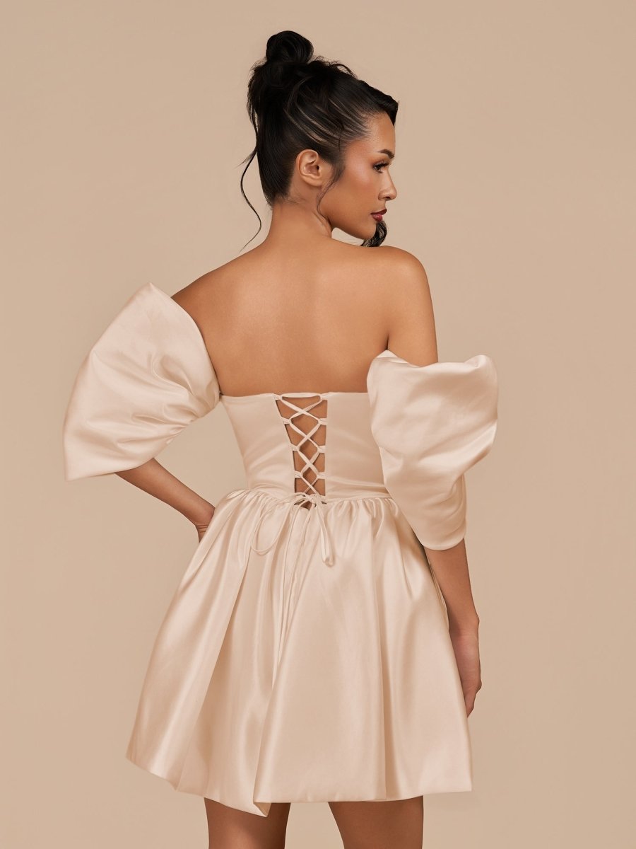 Perenna | Champagne - A Line Satin Square Neck Puffed Sleeves Short Homecoming Dresses