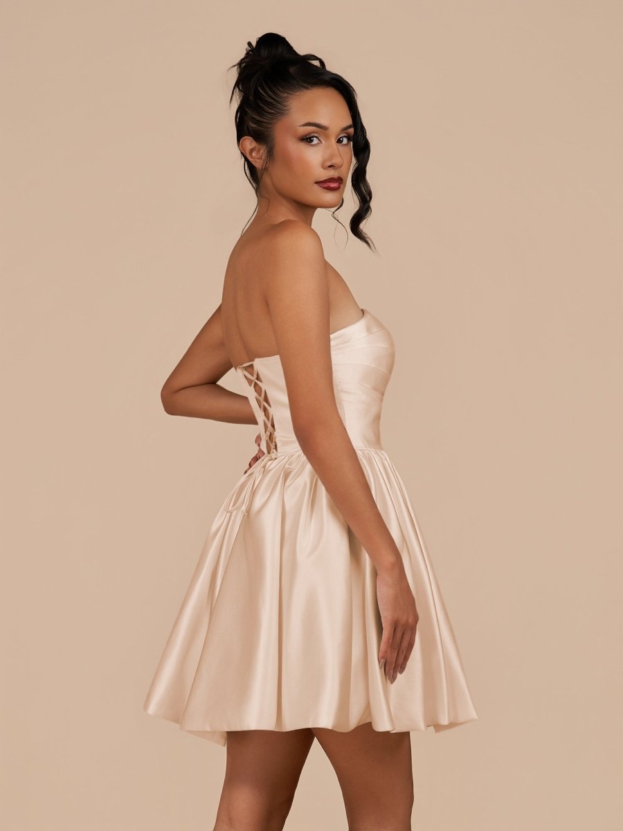 Perenna | Champagne - A Line Satin Square Neck Puffed Sleeves Short Homecoming Dresses