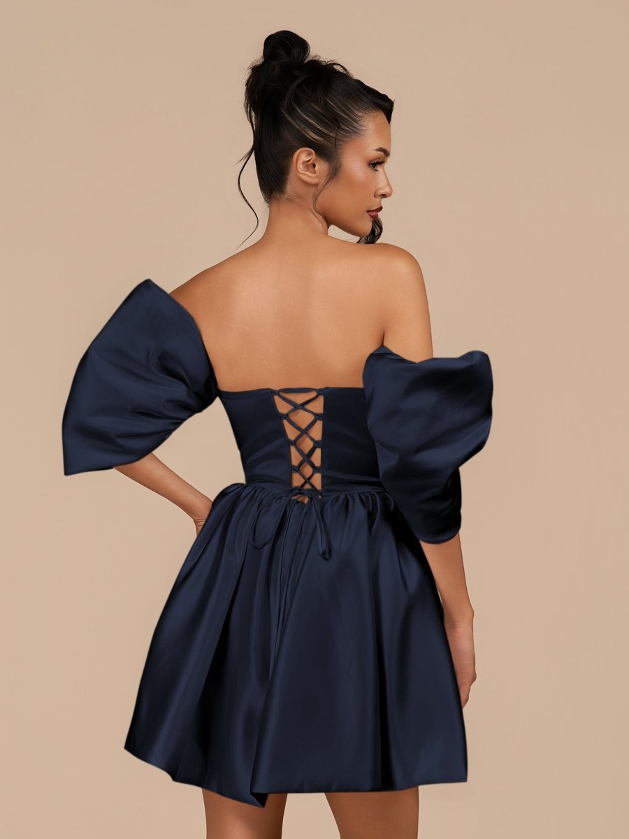 Perenna | Navy Blue - A Line Satin Square Neck Puffed Sleeves Short Homecoming Dresses