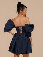 Perenna | Navy Blue - A Line Satin Square Neck Puffed Sleeves Short Homecoming Dresses