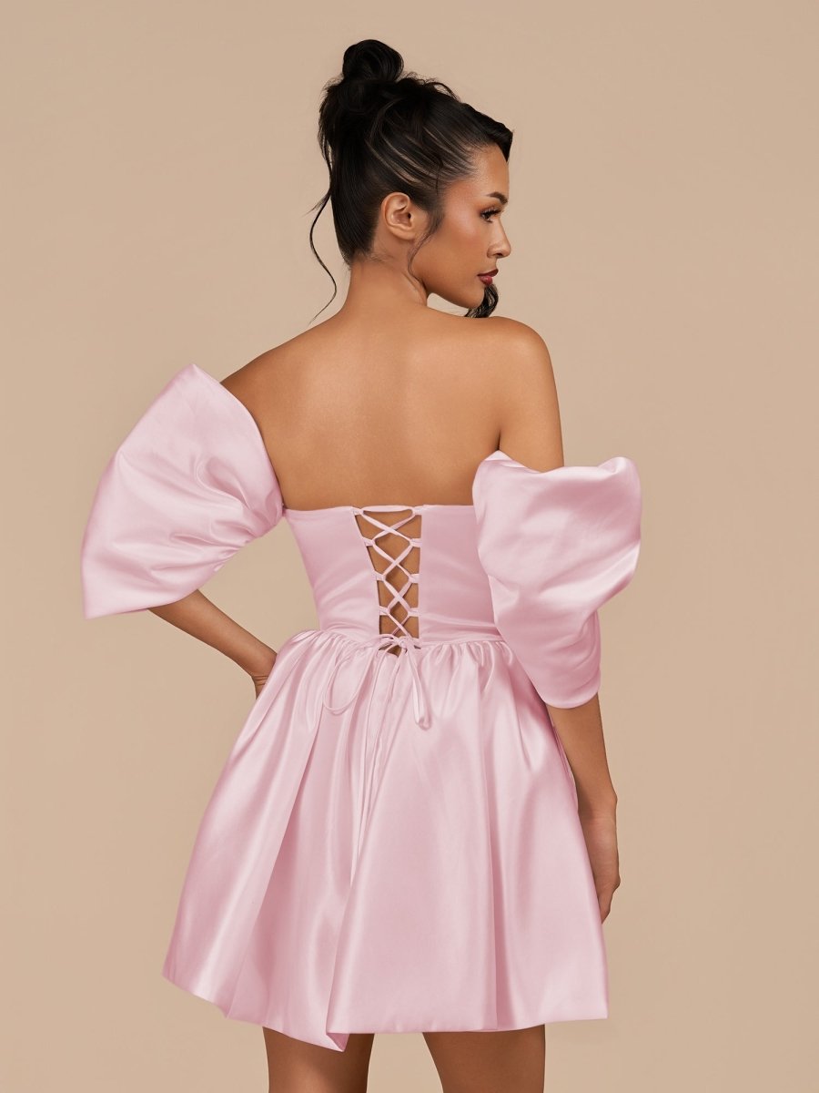 Perenna | Pink - A Line Satin Square Neck Puffed Sleeves Short Homecoming Dresses - KissProm