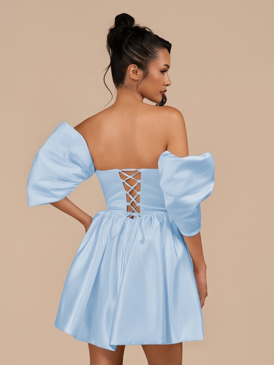Perenna | Sky Blue - A Line Satin Square Neck Puffed Sleeves Short Homecoming Dresses - KissProm