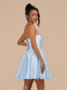 Perenna | Sky Blue - A Line Satin Square Neck Puffed Sleeves Short Homecoming Dresses - KissProm