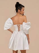 Perenna | Ivory - A Line Satin Square Neck Puffed Sleeves Short Homecoming Dresses - KissProm