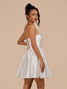Perenna | Ivory - A Line Satin Square Neck Puffed Sleeves Short Homecoming Dresses - KissProm