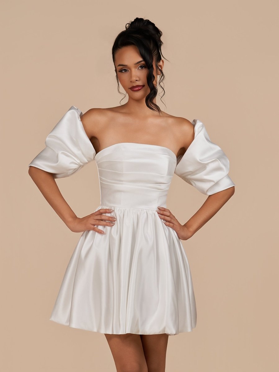Perenna | Ivory - A Line Satin Square Neck Puffed Sleeves Short Homecoming Dresses - KissProm