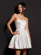 Perenna | Ivory - A Line Satin Square Neck Puffed Sleeves Short Homecoming Dresses - KissProm