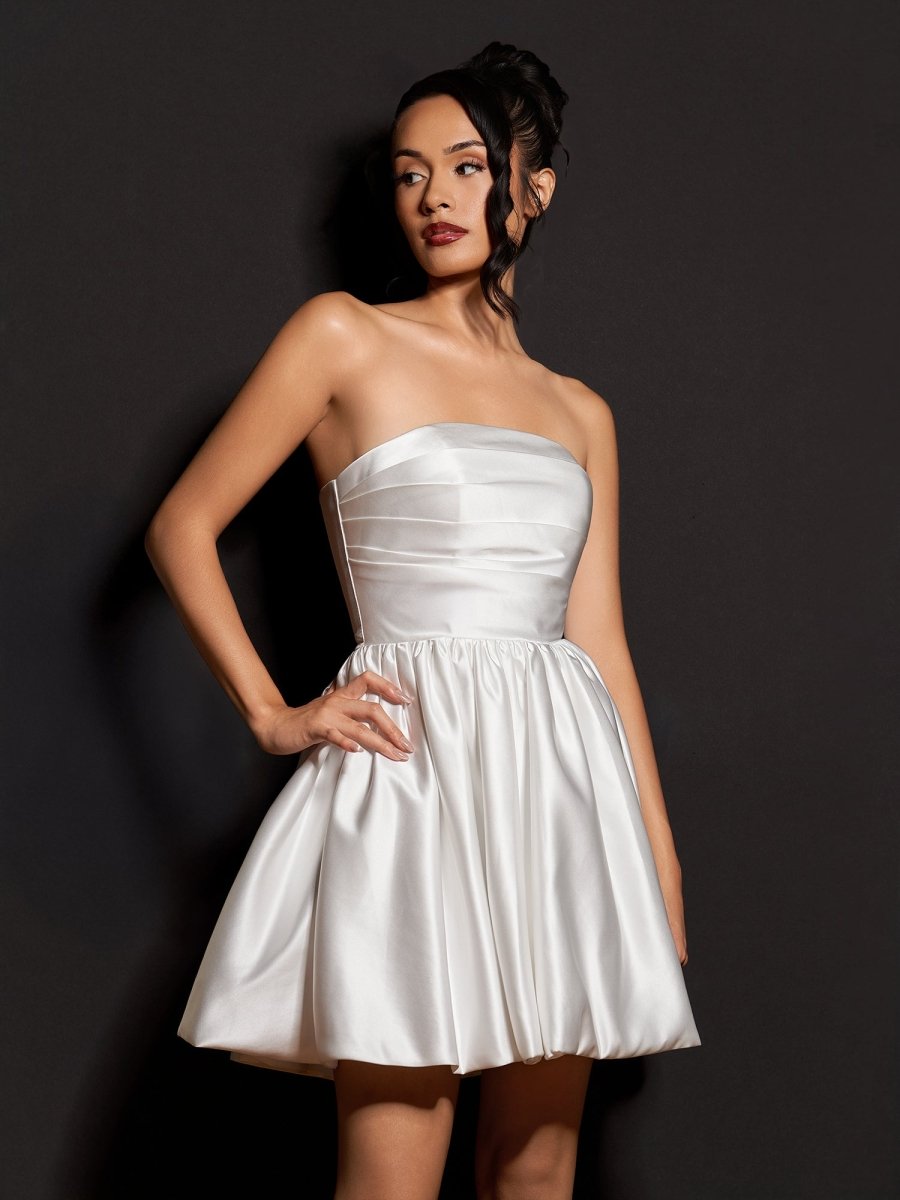 Perenna | Ivory - A Line Satin Square Neck Puffed Sleeves Short Homecoming Dresses - KissProm