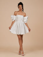 Perenna | Ivory - A Line Satin Square Neck Puffed Sleeves Short Homecoming Dresses - KissProm