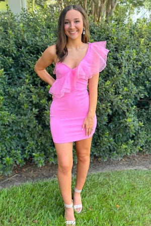 Pink - One Shoulder Satin Ruffle Bodycon Homecoming Dresses Pink - One Shoulder Satin Ruffle Bodycon Homecoming Dresses