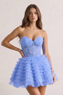 Periwinkle A-Line Ruffled Strapless Corset Short Homecoming Dress | KISSPROM