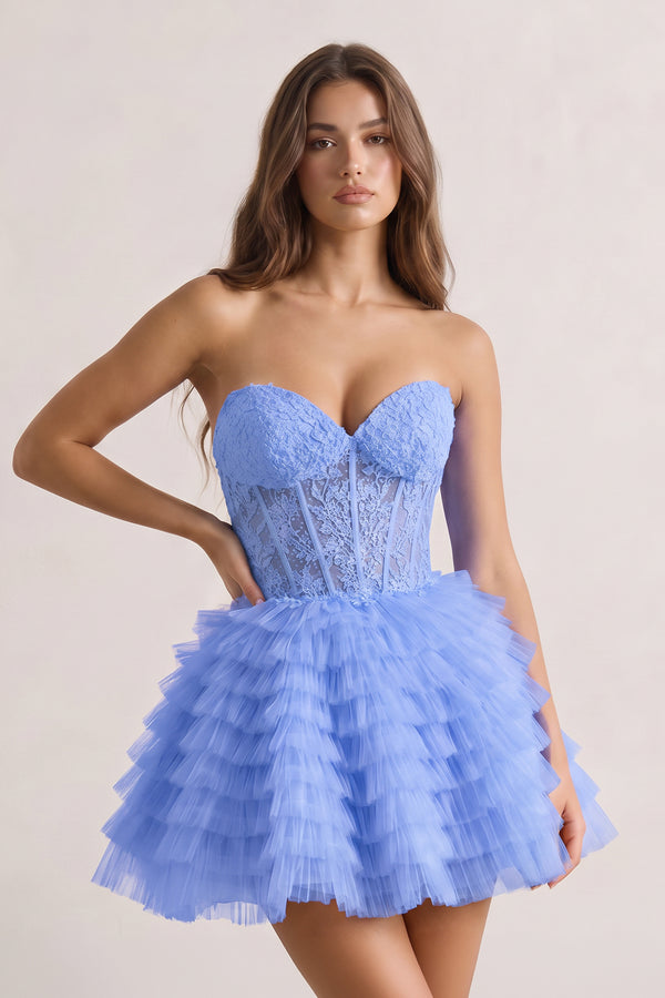Periwinkle A-Line Ruffled Strapless Corset Short Homecoming Dress | KISSPROM