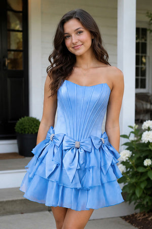 Periwinkle A Line Scoop Neck Ruffles Corset Homecoming Dresses with Bows | KISSPROM