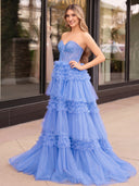 A-Line Sweetheart Tiered Long Tulle Prom Dress - Kissprom
