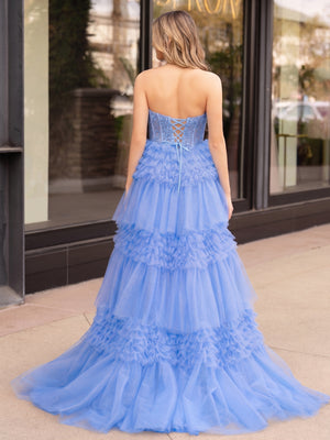 A-Line Sweetheart Tiered Long Tulle Prom Dress - Kissprom