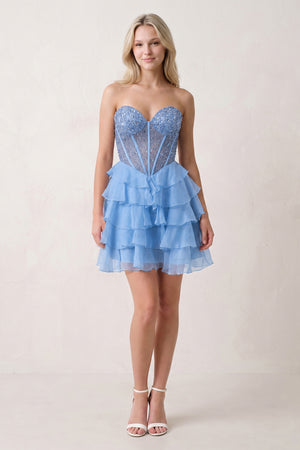 Periwinkle Coral Pink Sweetheart Tiered Ruffled A-Line Corset Chiffon Homecoming Dress (2) | KISSPROM