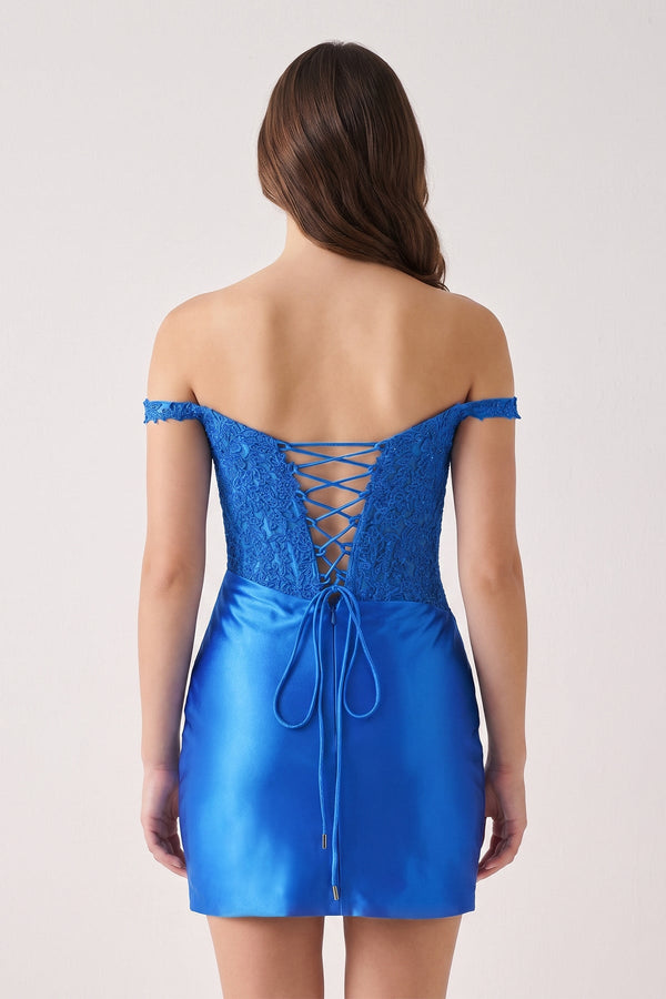 Periwinkle Off The Shoulder Bodycon Satin Mini Party Dress With Appliques (2) | KISSPROM