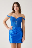 Periwinkle Off The Shoulder Bodycon Satin Pleated Homecoming Dresses With Appliques | KISSPROM