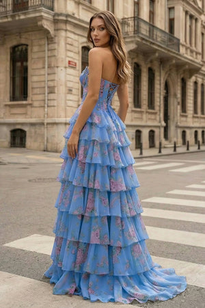 KissProm- Periwinkle - Scoop Neck A Line Floral Chiffon Ruffled Prom Dresses With Beading