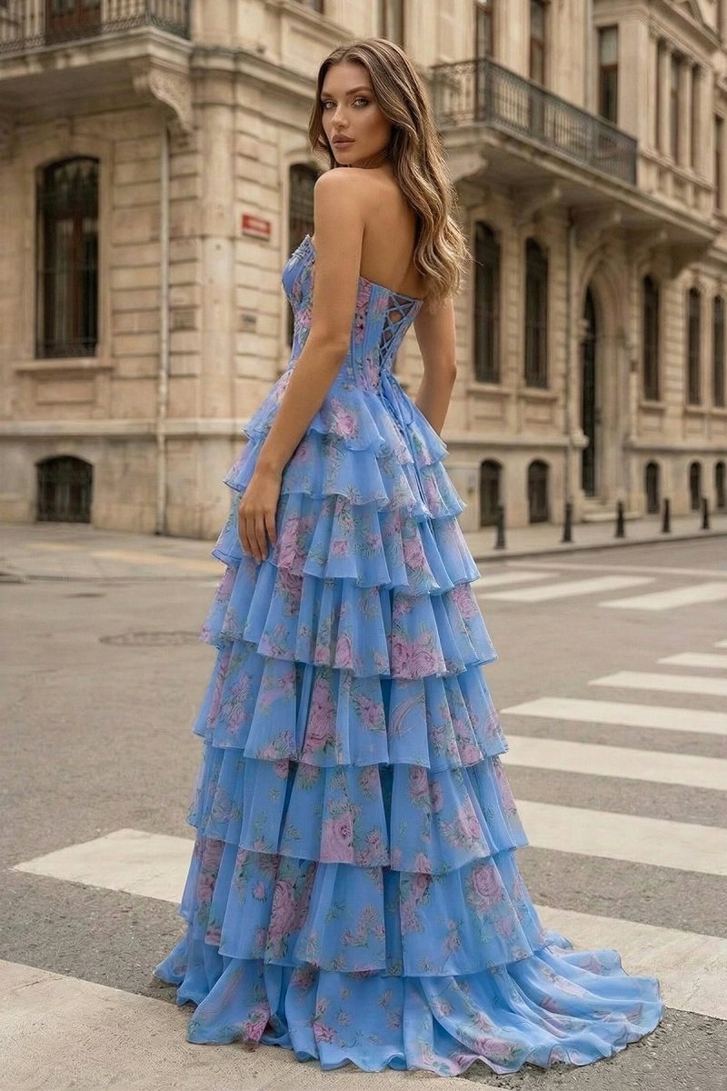 KissProm Yellow Strapless A Line Floral Chiffon Ruffled Prom Dresses With Beading, Periwinkle / 8