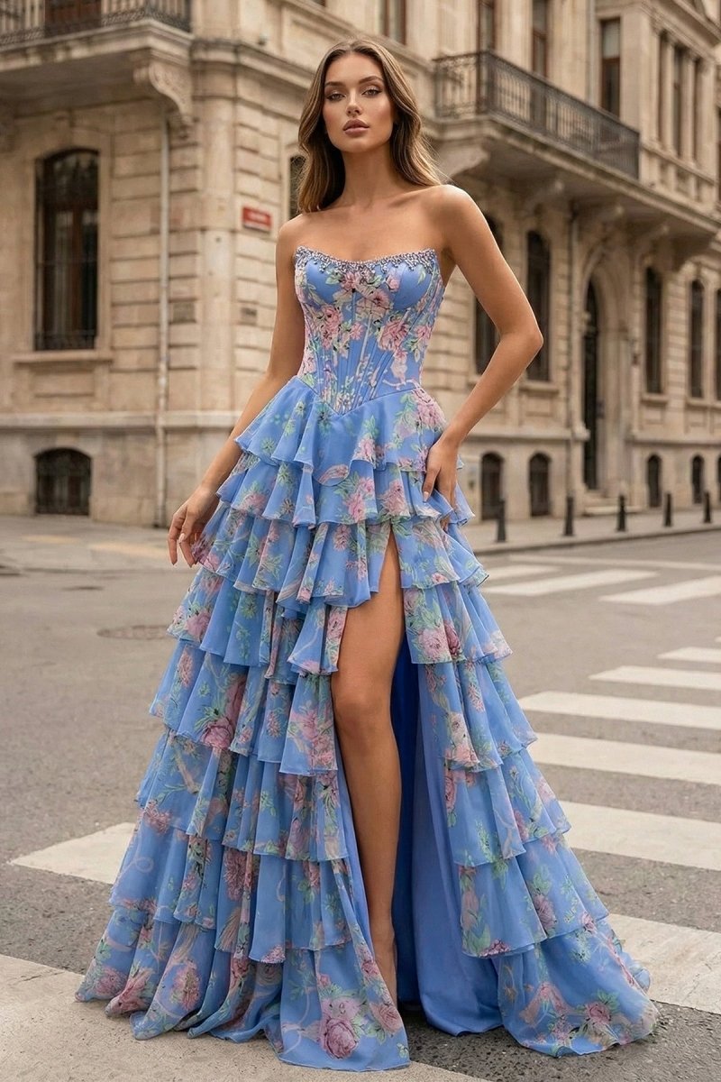 KissProm Yellow Strapless A Line Floral Chiffon Ruffled Prom Dresses With Beading, Periwinkle / 8