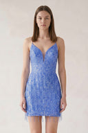 Periwinkle Sheath Spaghetti Straps Mini Homecoming Dresses with Tassel | KISSPROM