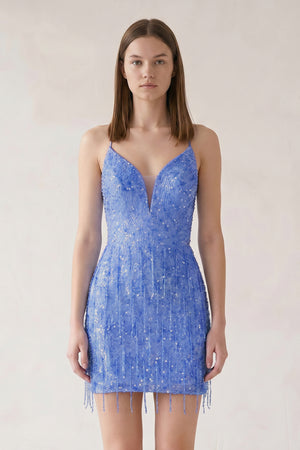 Periwinkle Sheath Spaghetti Straps Mini Homecoming Dresses with Tassel | KISSPROM