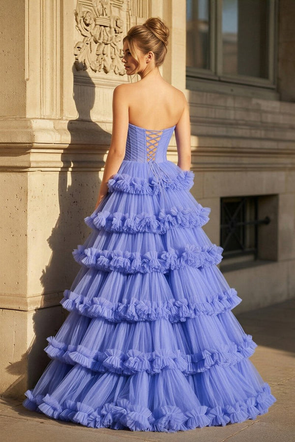 Navy Blue Strapless A Line Tulle Ruffled Long Prom Dresses With Slit - KissProm