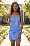 Periwinkle Strapless Bodycon Appliqued Mini Homecoming Dresses With Slit | KISSPROM