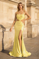 Yellow Spaghetti Straps Cutout Beaded Mermaid Long Dress With Split – Prom Dresses by KissProm | Available at KissProm