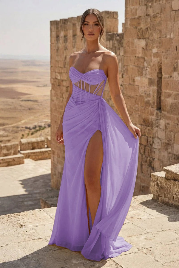 Yellow Sweetheart Sheath Pleated Long Prom Dresses With Slit Lavender / 00