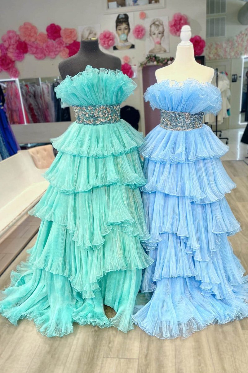 Peyton | Mint Green A Line Strapless Long Prom Dress with Ruffles - KissProm