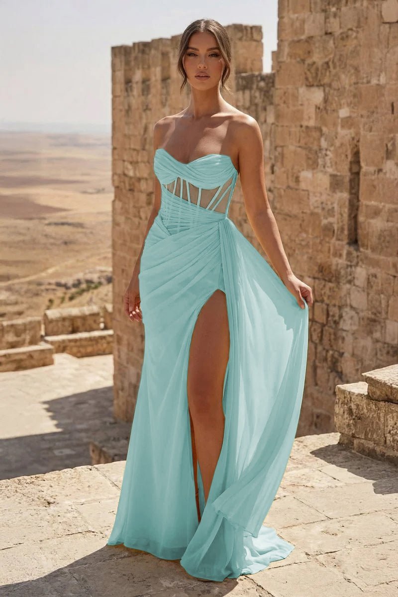 KissProm Yellow Sweetheart Sheath Pleated Long Prom Dresses With Slit, Sky Blue / 00