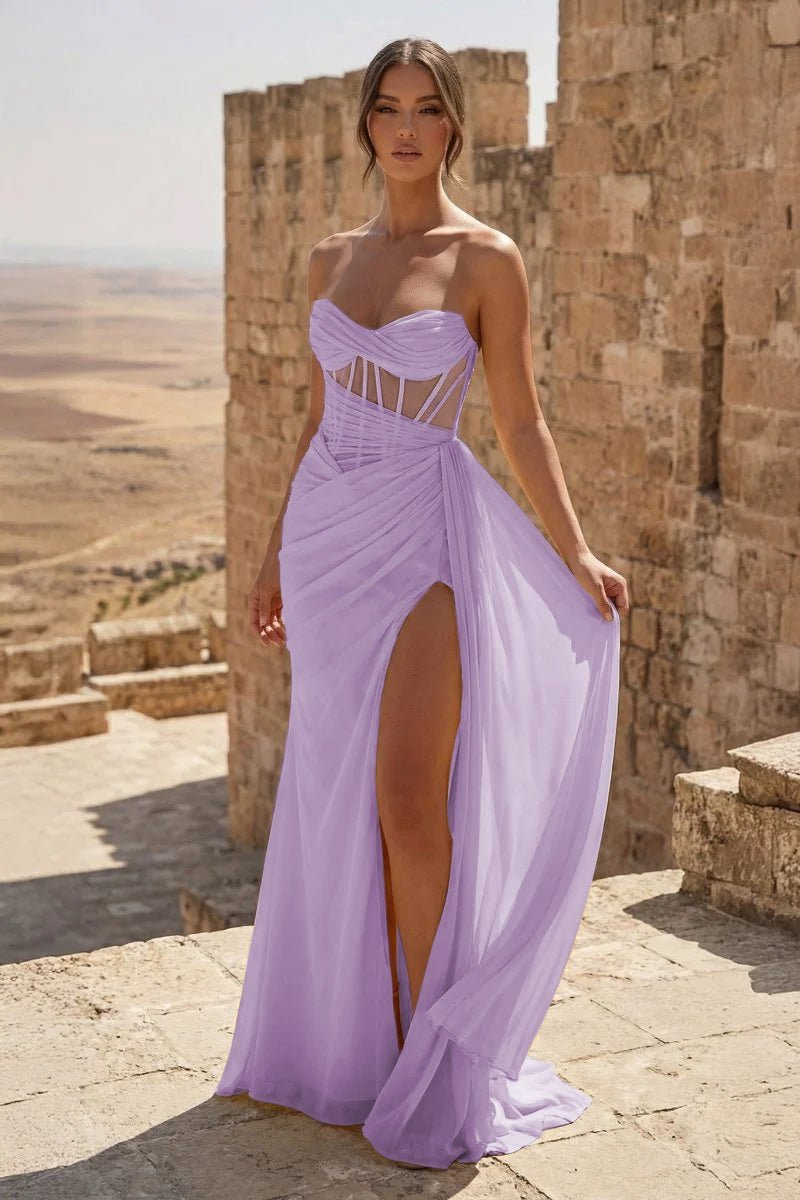 Yellow Sweetheart Sheath Pleated Long Prom Dresses With Slit