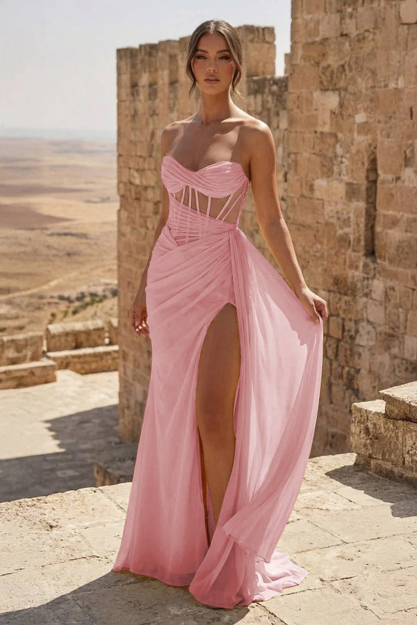 Yellow Sweetheart Sheath Pleated Long Prom Dresses With Slit