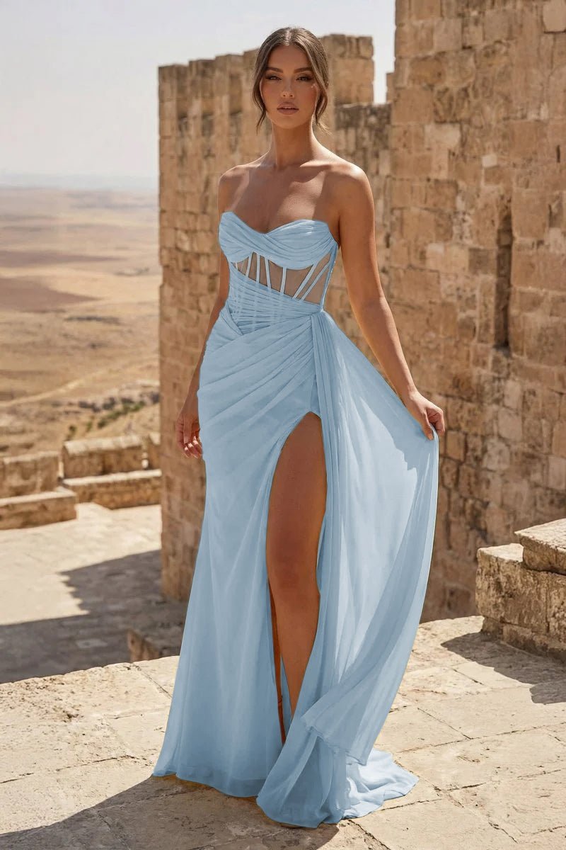 Yellow Sweetheart Sheath Pleated Long Prom Dresses With Slit – Prom Dress by KissProm | Available at KissProm