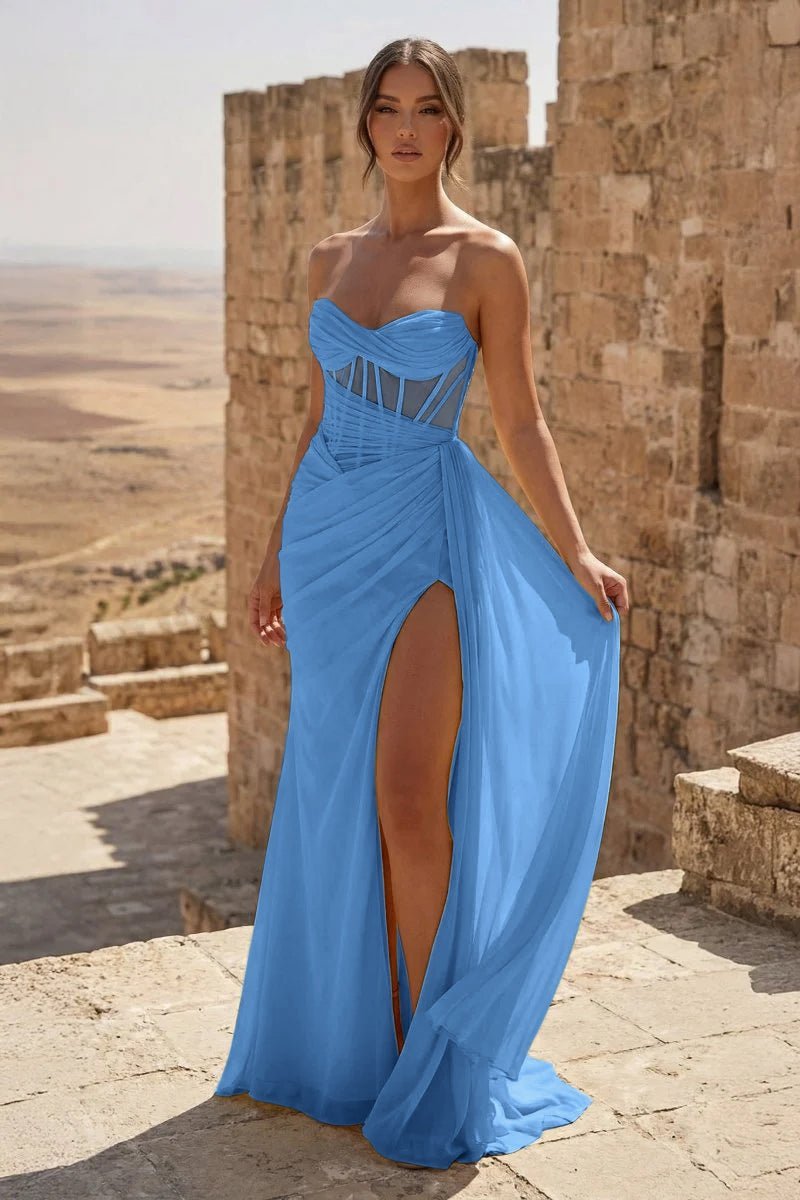 KissProm Yellow Sweetheart Sheath Pleated Long Prom Dresses With Slit, Sky Blue / 00